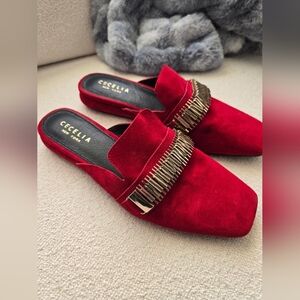 CECELIA NEW YORK, Flipper Slide , Red Suede/Gold, Size 7
